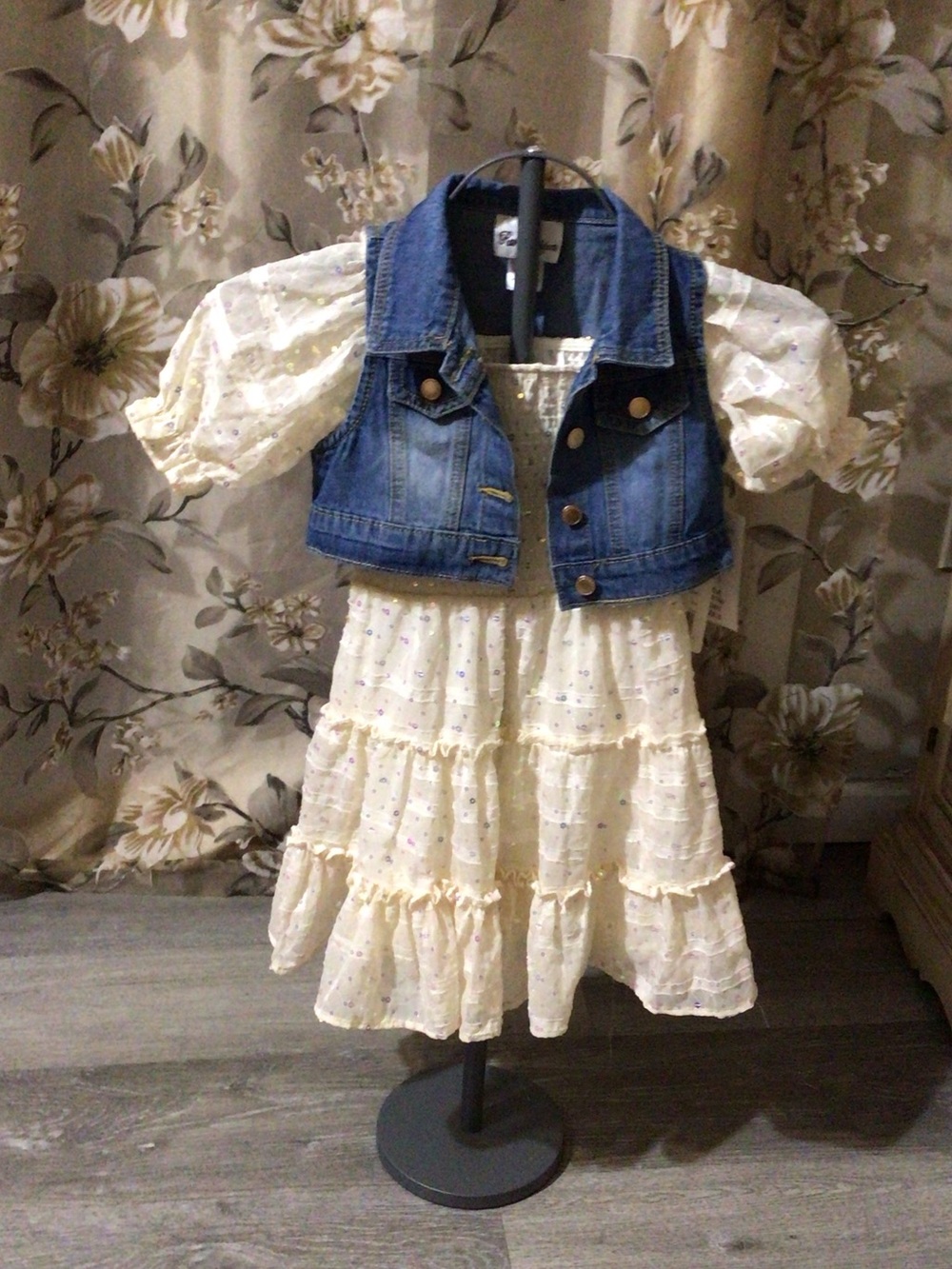 Rare Editions Cream Tiered Dress with Blue Denim Vest